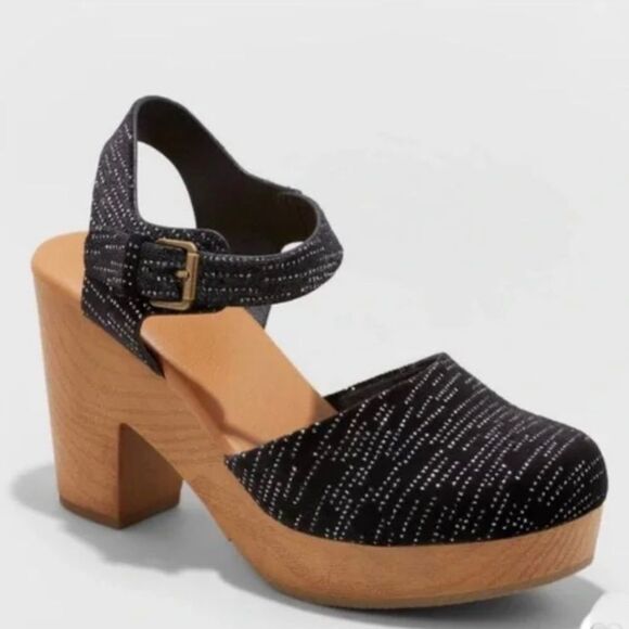 Universal Thread Black Wooden Heels, Black with Glitter, Adjustable Ankle strap - Picture 1 of 6